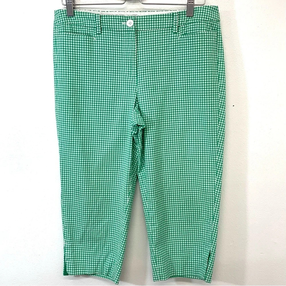 Talbots Perfect Skimmer Pants Woman 10P Gingham Green White Pockets Travel Work